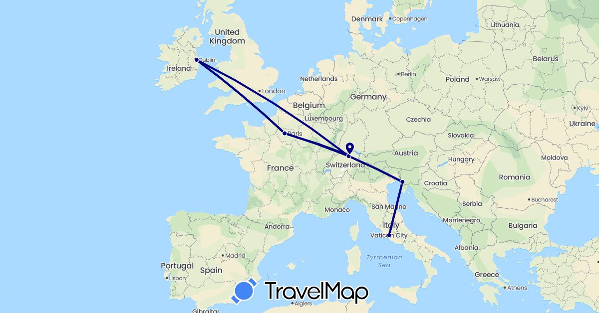 TravelMap itinerary: driving in Switzerland, France, Ireland, Italy (Europe)